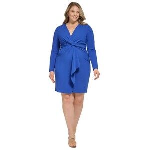 DKNY Women's Plus Size V-Neck Twist-Front Long-Sleeve Dress Royal Blue 20W